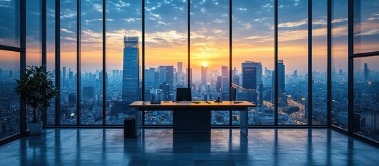 A modern office with a panoramic view of a city skyline during a sunrise.
