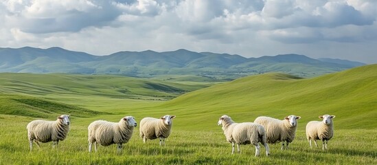 Fototapeta premium A flock of sheep graze in a lush green field, mountains in the background.