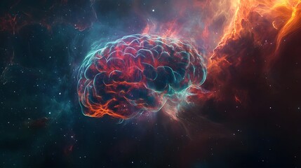 An awe-inspiring depiction of a luminous, multicolored nebula resembling a human brain, floating in deep space, capturing the concept of limitless imagination and the mysteries of the mind. 
