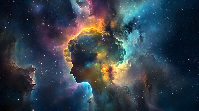 An awe-inspiring depiction of a luminous, multicolored nebula resembling a human brain, floating in deep space, capturing the concept of limitless imagination and the mysteries of the mind. 