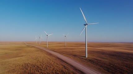 A vibrant scene featuring a cluster of wind turbines operating in a sunny, open field, highlighting their role in harnessing renewable energy and promoting clean green technology for a sustainable 
