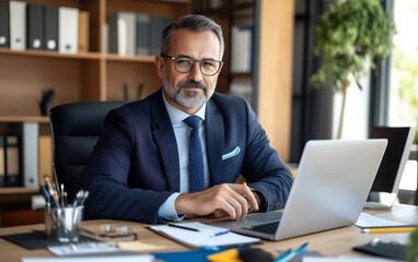 Fototapeta premium A confident professional man in a suit sits at his desk, smiling, with a laptop and office supplies around him, showcasing a modern workspace.
