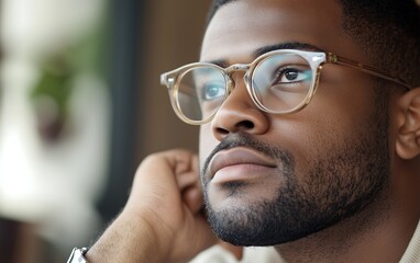 A thoughtful man with glasses gazes into the distance, lost in contemplation, showcasing a serene expression.