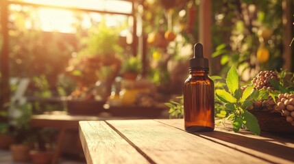 A wooden table with healthy argan oil bottle, emphasizing its organic qualities