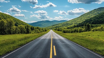 Naklejka premium A long asphalt road leading into green mountains, with a bright sky and scattered, fluffy clouds on a sunny afternoon.