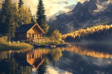 Fototapeta premium a peaceful scene of a cabin next to a lake, showcasing its reflection in the still waters.