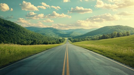 A long asphalt road leading into green mountains, with a bright sky and scattered, fluffy clouds on a sunny afternoon.