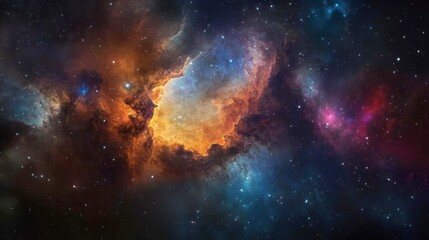 A panorama of a galaxy with colorful star formations and swirling nebulae, capturing the beauty and mystery of the universe.