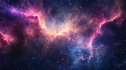 Naklejka premium A panorama of a galaxy with glowing nebula clouds and twinkling stars, showcasing the beauty of the universe in vivid detail.