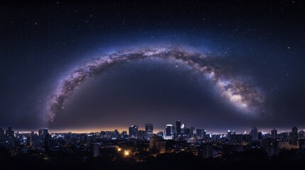 A panorama of the Milky Way galaxy arching over a city skyline, with bright stars and cosmic dust illuminating the night sky.