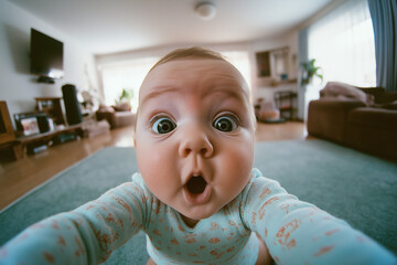 a baby taking a selfie with a surprised face
