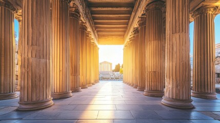 Empty Greek columned room, filled with ethereal light