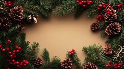 Fototapeta premium Christmas Border Frame of Tree Branches, Red Berries, and Pine Cones on Dark Wood Background