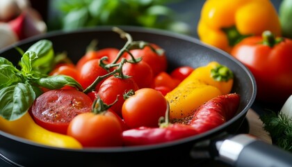 Fresh red, yellow, and orange vegetables in a black frying pan with basil and pepper on a black background.