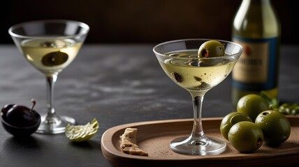 Two martini glasses with green olives on a wooden tray with a bottle of vermouth and green plums in the background.