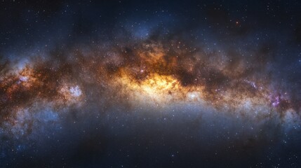 A panoramic galaxy scene with the Milky Way's bright core, surrounded by twinkling stars and faint cosmic clouds.