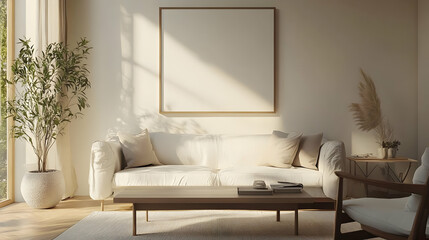 Minimalist Living Room with Beige Walls, White Sofa, and Wooden Coffee Table - 3D Illustration