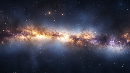 A panoramic galaxy scene with the Milky Way's bright core, surrounded by twinkling stars and faint cosmic clouds.