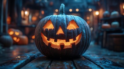 A carved pumpkin with a lit candle inside sits on a wooden table with other pumpkins in the background.