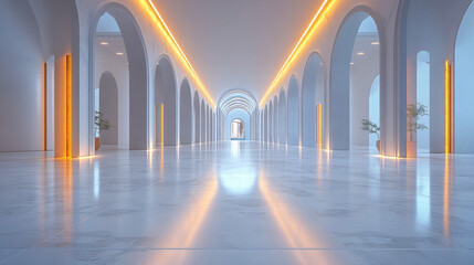 white marble hallway with golden lights - minimalist architecture, modern interior design, luxury, contemporary, abstract, spacious, bright, clean, empty, perspective