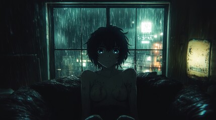 A boy sitting in an armchair by the window, his large 80’s anime-style eyes gazing at the rainy...