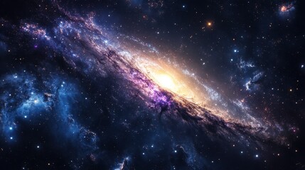A panoramic image of a distant spiral galaxy with bright stars, glowing nebulae, and deep space hues of blue and purple.