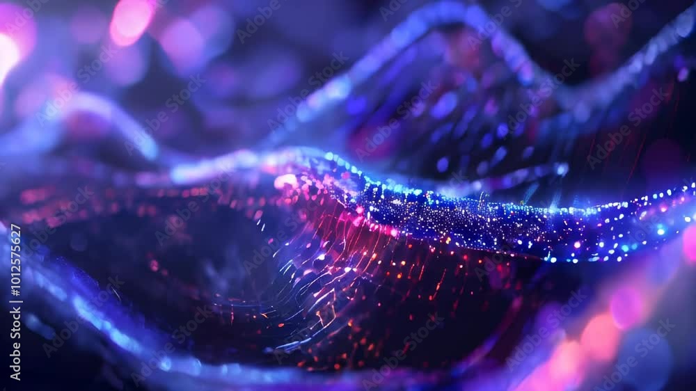 Poster futuristic dynamic particle waves in neon red and blue colors with digital light effects.