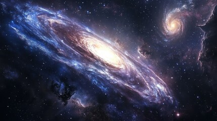 A panoramic image of a distant spiral galaxy with bright stars, glowing nebulae, and deep space hues of blue and purple.