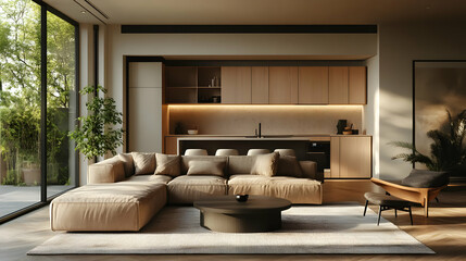 Modern Living Room Interior Design with Large Windows and Natural Light - 3D Illustration