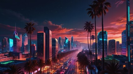 Obraz premium A futuristic city skyline with palm trees lining a highway at sunset.