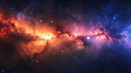 Fototapeta premium A panoramic shot of a galaxy with colorful nebula clouds and bright stars, set against the dark backdrop of space.