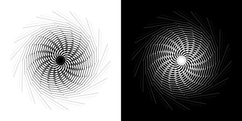 Abstract background with abstract line pattern in circles. Spiral art design as a logo or icon. A black figure on a white background and the same white figure on a black side. Mandala design with line