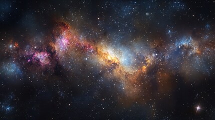 Fototapeta premium A panoramic shot of a galaxy with vibrant star formations and swirling nebulae, set against the deep, dark backdrop of the universe.