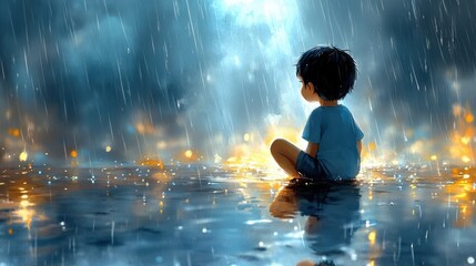Obraz premium A cartoon-style boy sitting by a puddle, marveling at the raindrops, with soft watercolor strokes on a parchment-textured surface 