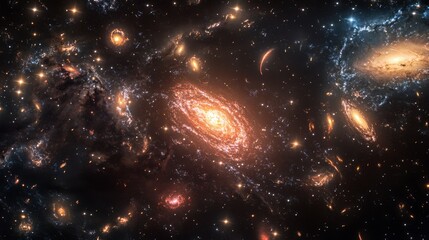 Obraz premium A panoramic shot of a galaxy with vibrant star formations and swirling nebulae, set against the deep, dark backdrop of the universe.