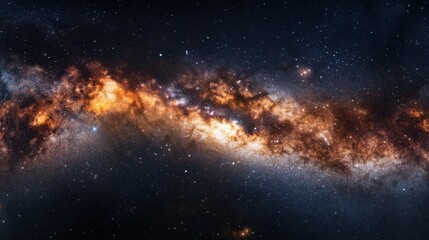 Obraz premium A panoramic shot of the Milky Way galaxy with bright stars, glowing nebula clouds, and cosmic dust, creating a mesmerizing cosmic display.