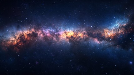 A panoramic shot of the Milky Way galaxy with bright stars, glowing nebula clouds, and cosmic dust, creating a stunning visual.