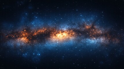 Obraz premium A panoramic shot of the Milky Way galaxy with bright stars, glowing nebula clouds, and cosmic dust, creating a stunning visual.