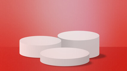 Realistic white 3 step cylinder pedestal podium on red colour gradient background. Vector rendering geometric forms design. Minimal scene. shadow. Stage showcase, Mockup product display.