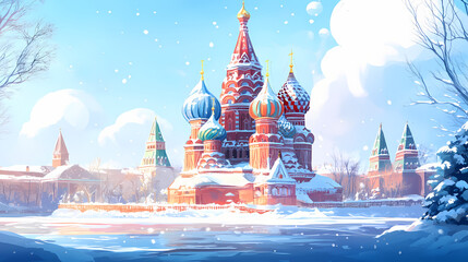 A vivid russian cathedral with colorful domes stands majestically against a serene, snowy backdrop. Russian Cathedral. Illustration