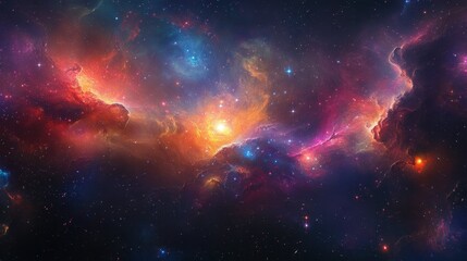 A panoramic view of a colorful galaxy with vibrant star clusters, swirling cosmic dust, and glowing nebula clouds.