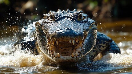 Obraz premium A close-up view of an alligator with its mouth open, showing its sharp teeth, as it swims through water.