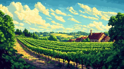 Handdoek met foto Meloenkleur A beautiful pixel art landscape of a vineyard in the countryside. Art Brut. Illustration  © Thiago