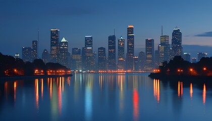 Obraz premium Tranquil city skyline at night with glowing lights for a chill vibe