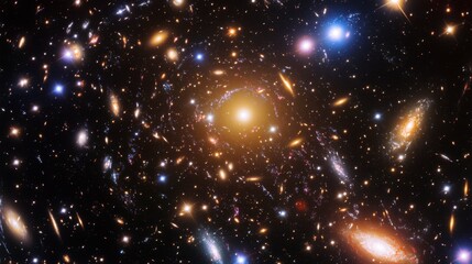 A panoramic view of a distant galaxy cluster with swirling colors and bright star formations, showcasing the vastness of space.