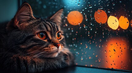 A cat resting on a windowsill, its silhouette visible against the rainy window, while the cozy interior is filled with warm, dim light 