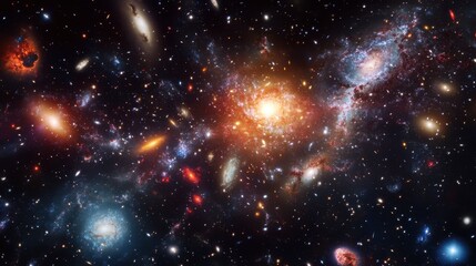 Fototapeta premium A panoramic view of a distant galaxy cluster with swirling colors and bright star formations, showcasing the vastness of space.