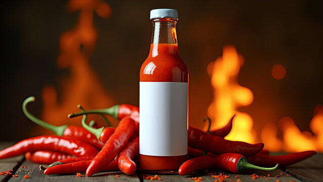 A bottle of spicy hot sauce with a blank mockup label surrounded by red chili peppers and flames