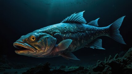 A large, blue fish with yellow eyes swims through the dark blue water, its mouth open in a silent scream.