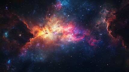 A panoramic view of a distant galaxy with swirling colors, bright star formations, and deep cosmic background.